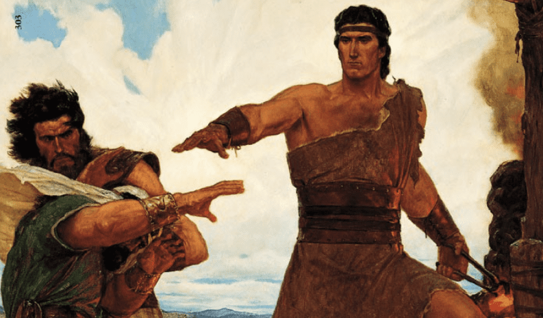 Nephi and Laman in a dramatic scene symbolizing faith, lineage, and the importance of recording family history