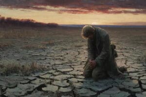 Man kneeling in a dry, cracked landscape at sunset representing spiritual drought and the need for restoring the God of the Restoration.