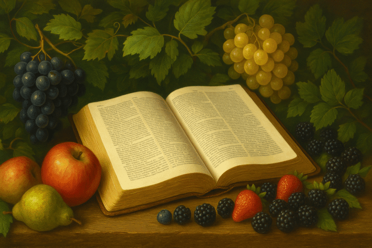 Open scriptures with fresh fruit representing holistic healing through scripture study, spiritual wellness, and emotional peace.