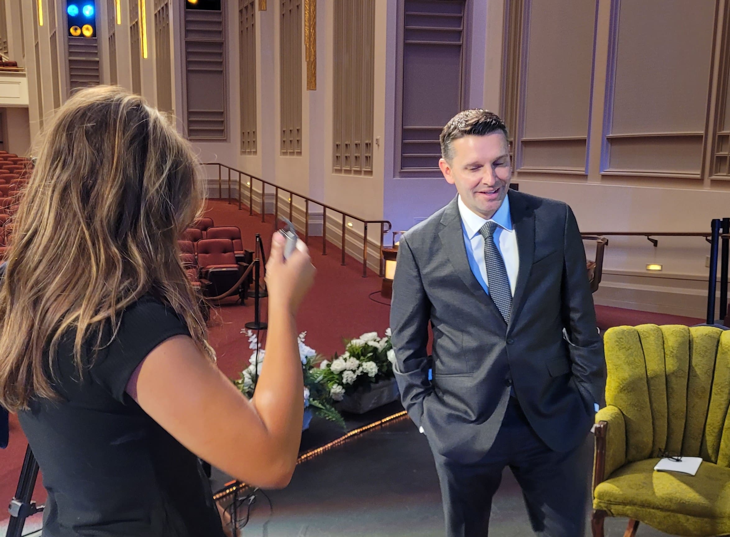 Derrick Porter, executive producer of Music and the Spoken Word, prepares backstage before the 5,000th broadcast of The Tabernacle Choir at Temple Square.