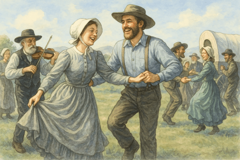 Pioneer Fair at the Church History Museum with Latter-day Saints dancing to fiddle music in traditional 1800s attire