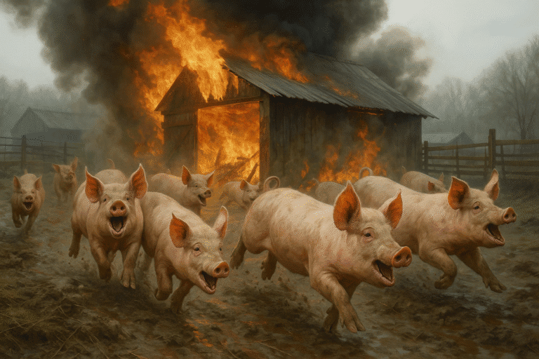 Piglets running from a barn fire on a hobby farm during an animal rescue.