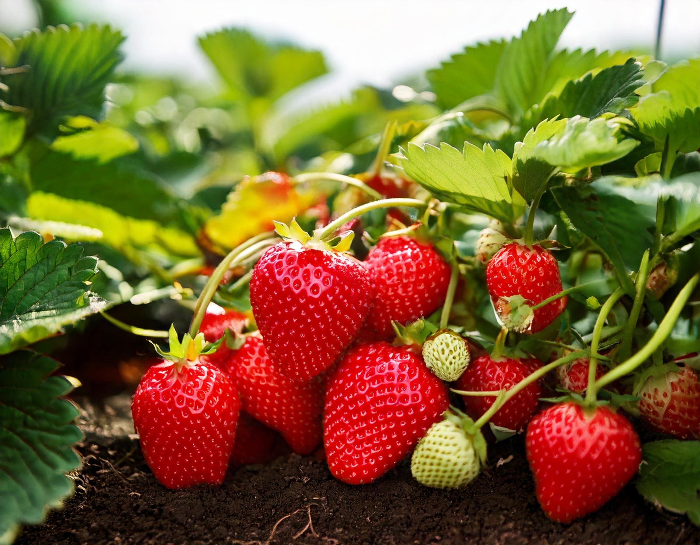 Bright red strawberries ripen on the vine, symbolizing the fruitful results of Joseph Smith’s prophetic ministry and the blessings of restored gospel truths.