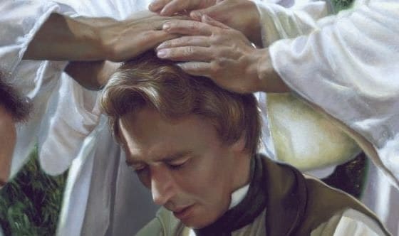 Joseph Smith receiving the priesthood by the laying on of hands, representing the power of godliness and priesthood authority in Doctrine and Covenants 84.
