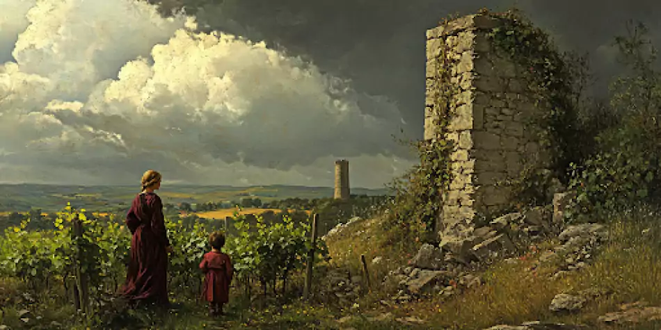 Mother and child in vineyard looking at distant tower with broken wall, symbolizing the need to strengthen families in troubled times
