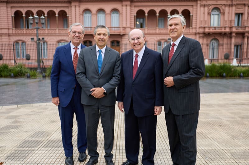 Elder Quentin L. Cook with leaders at the Casa Rosada in Argentina after meeting President Javier Milei.