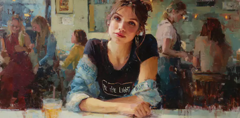 Young woman wearing “Be the Light” T-shirt, symbolizing Christian merch and Gen Z faith expression