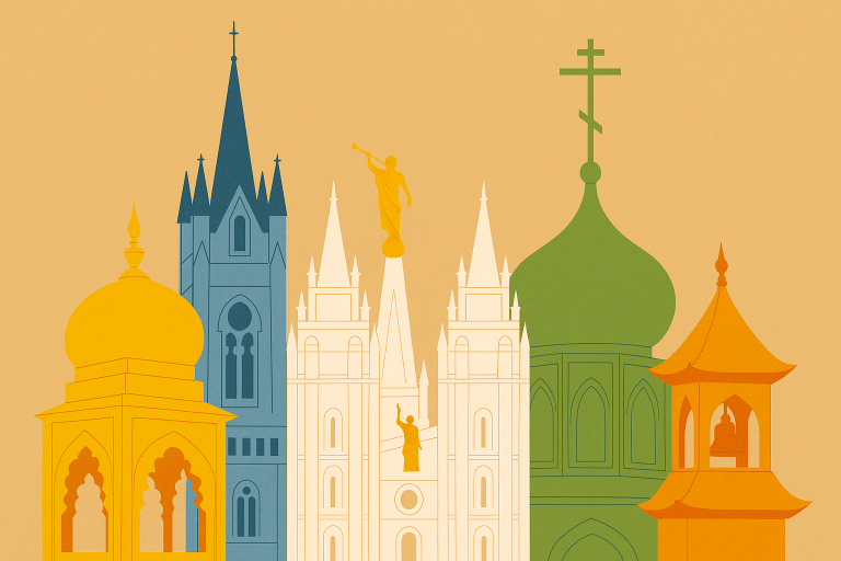 Illustration of global religious buildings including a Latter-day Saint temple, symbolizing global Church growth and increased convert baptisms.