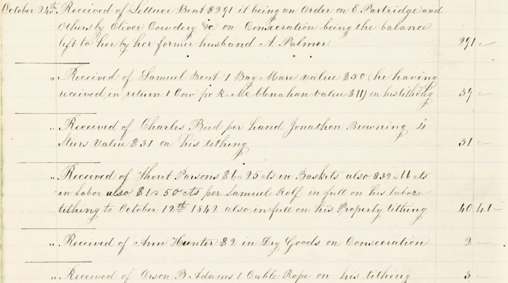 Historic Church ledger showing tithing and consecration records from 1842 under the law of consecration, within the revelation about the mighty and strong one