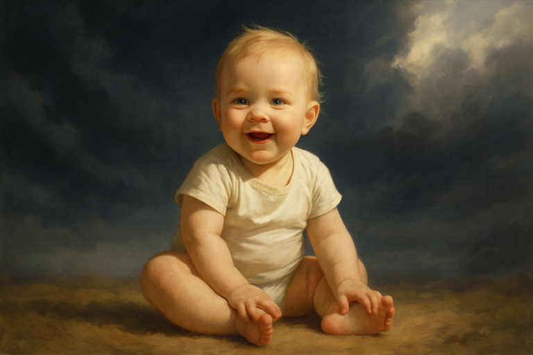 Smiling baby sitting in front of a stormy sky representing hope amid America’s fertility crisis and cultural decline in birth rates.