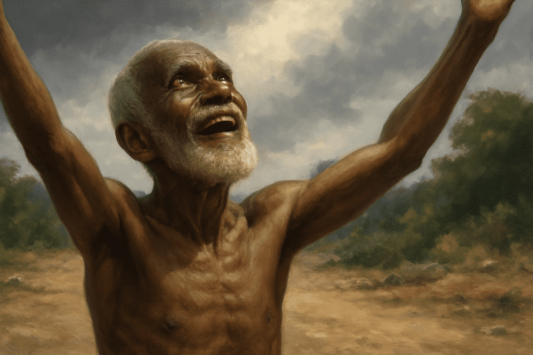Karrupiah rejoicing with arms raised after restored eyesight through Rising Star Outreach