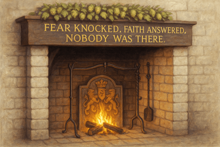 Rustic fireplace with engraved phrase “Fear Knocked, Faith Answered, Nobody Was There,” symbolizing faith overcoming fear and trust in Christ.
