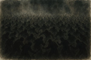 A haunting depiction of a dark, crowded scene filled with indistinct human figures armed with weapons, symbolizing the telestial world and its chaos, pain, and violence. This image represents the fallen nature of humanity described in Kimberly White’s article “The Gospel is Not Fair.”