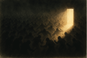 A powerful image of a dark multitude moving toward a doorway flooded with light, symbolizing hope, healing, and divine mercy. This visual accompanies Kimberly White’s message in “The Gospel is Not Fair” that even amid chaos, Christ opens a path to forgiveness and eternal light.