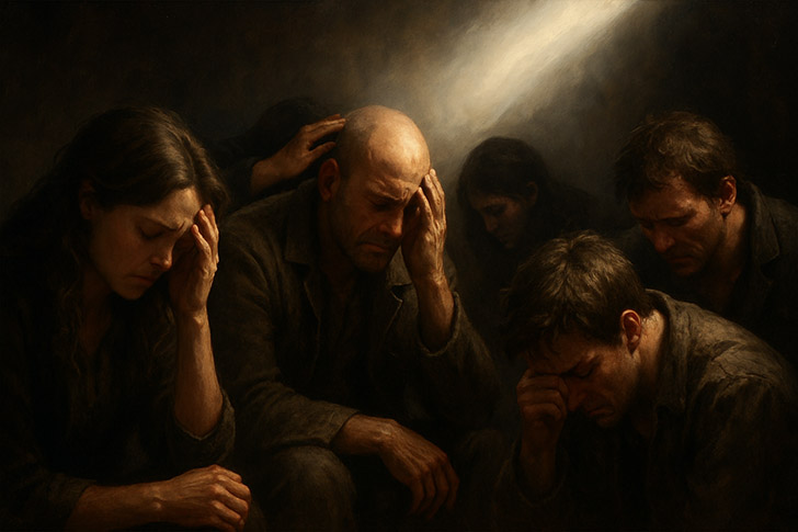 Group of people in emotional anguish with light shining from above, symbolizing Christ’s mercy and the gospel plan