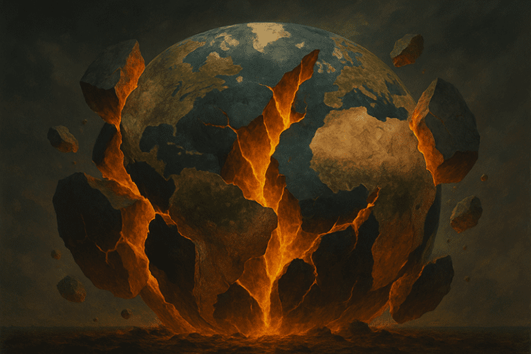 Earth breaking into fiery fragments, representing Book of Mormon warnings about violence, corruption, and the loss of Christian foundations in society.