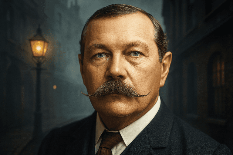Arthur Conan Doyle portrait with Victorian London backdrop, reflecting his journey from Sherlock Holmes logic to spiritualism and belief in the supernatural.