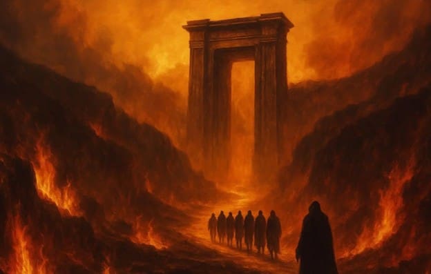 Fiery depiction of hell prepared for the wicked with a blazing gate, reflecting scriptural themes in the Book of Moses, 1 Enoch, and Book of Mormon.
