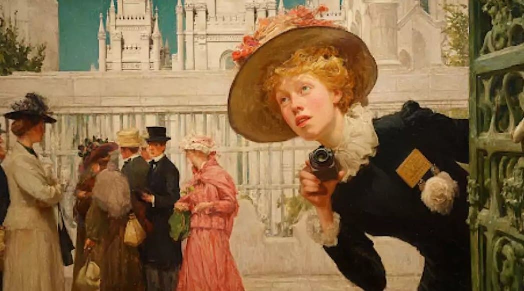 Woman with camera peeking into LDS temple grounds, illustrating media intrusion into sacred Latter-day Saint practices.