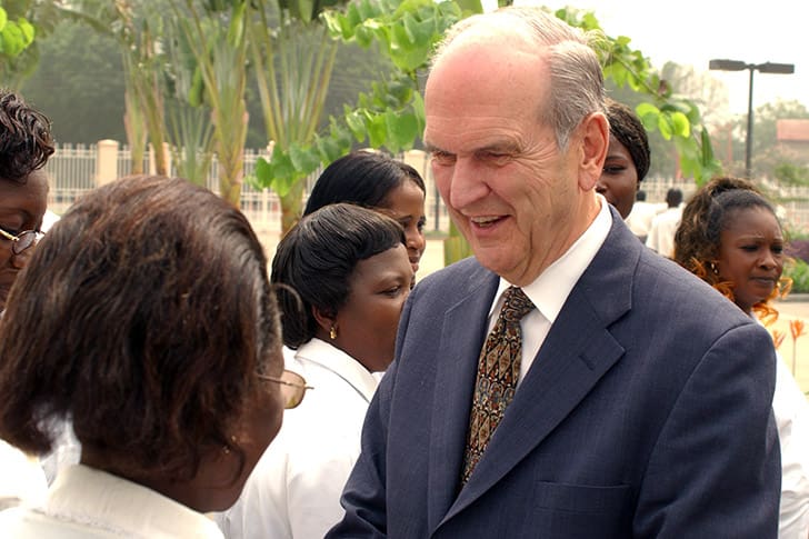 President Russell M. Nelson greets Saints in Africa, embodying his prophetic call to gather Israel across the world and minister with compassion and personal connection.