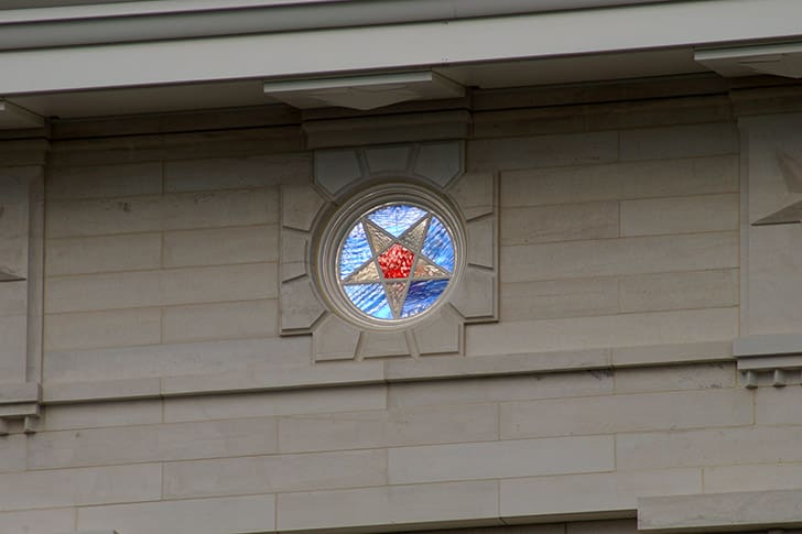 Close-up of the stained glass star in the Nauvoo Illinois Temple, reflecting the eternal promises of temple covenants taught by President Nelson.