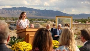 Local youth speaker Avrie Stephens addresses the audience at the Lone Mountain Nevada Temple groundbreaking in Las Vegas.