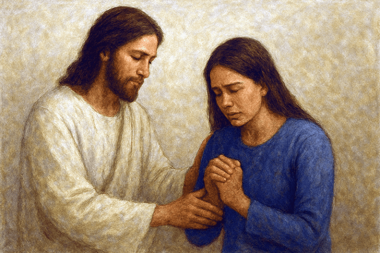 Jesus Christ comforting a woman in prayer, representing faith, repentance, forgiveness, and aligning our will with God’s will.