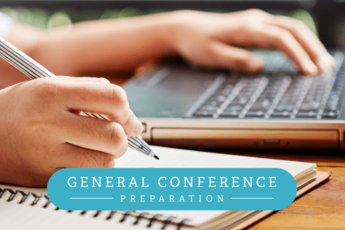 General Conference preparation with notes and laptop for spiritual readiness and inspiration.