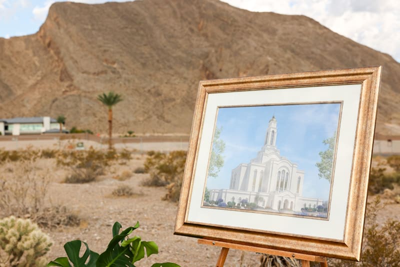 Rendering of the Lone Mountain Nevada Temple shown at the groundbreaking ceremony in Las Vegas, Nevada.