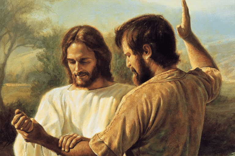 John the Baptist baptizes Jesus Christ in the Jordan River, illustrating the testimony of John and the Savior’s mission in the Joseph Smith Translation.