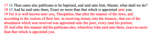  JST passage detailing Publicans questioning John the Baptist about their duties, with Joseph Smith’s expanded clarification. Alt text: JST Luke passage clarifying John the Baptist’s teaching to Publicans.