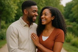 A joyful husband and wife smiling at each other, symbolizing equal partnership and love within marriage as taught in The Family Proclamation.