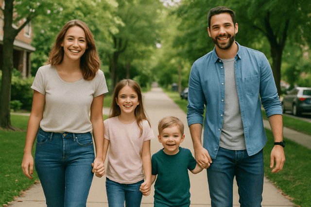 Happy family walking together outdoors, representing eternal family principles and equal partnership in marriage from The Family Proclamation.