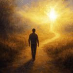 Man walking toward radiant light on a golden path symbolizing the journey toward an abundant life and spiritual growth through discipleship.