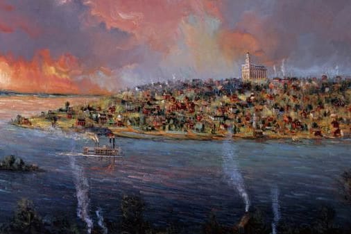 Painting of Nauvoo and the Nauvoo Temple from Doctrine and Covenants 124, symbolizing faith, integrity, and trust in God during the early Saints’ trials.