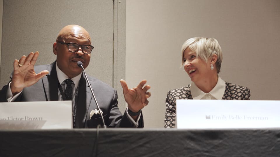 Young Women General President Emily Belle Freeman and Bishop Victor Brown participate in a panel discussion at the Forum on Faith in New York City, addressing how faith strengthens the rising generation and supports religious freedom.
