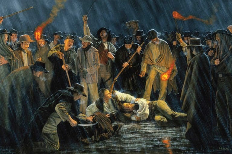 Latter-day Saints facing persecution in Missouri after the 1838 Extermination Order, symbolizing faith, forgiveness, and religious liberty.