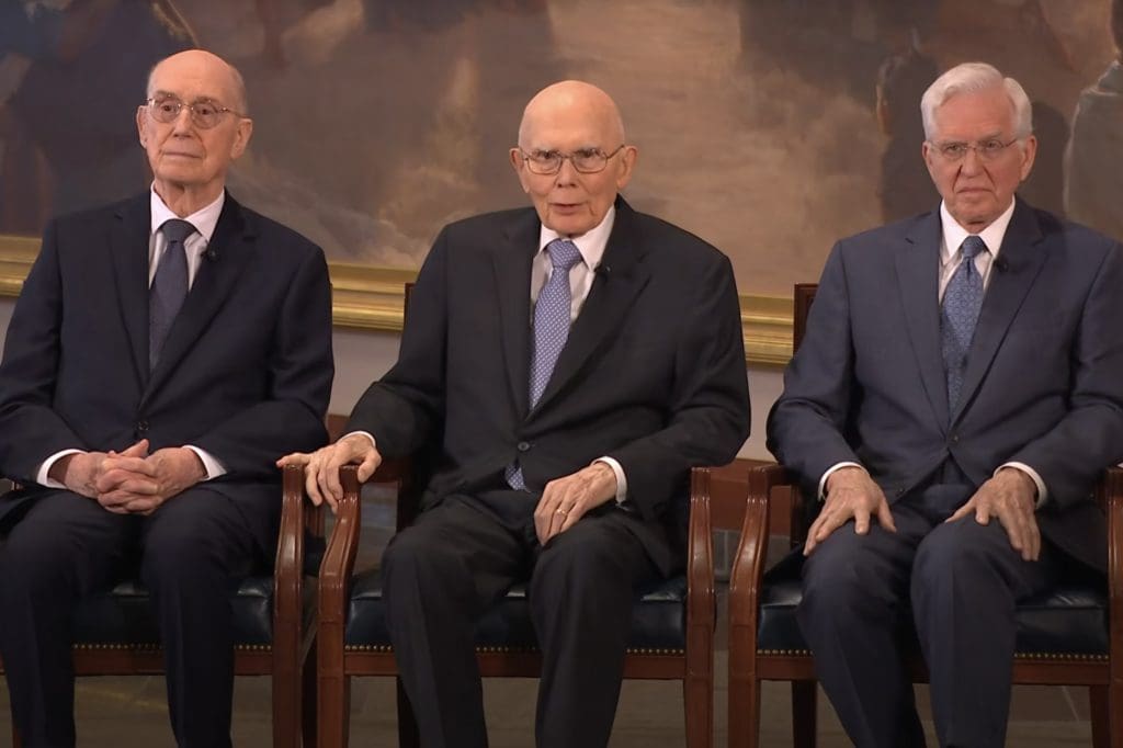 Newly organized First Presidency of the Church of Jesus Christ of Latter-day Saints with President Dallin H. Oaks seated at center as prophet, alongside Henry B. Eyring and D. Todd Christofferson following the leadership transition.