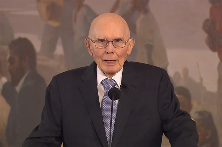 President Dallin H. Oaks speaks after being ordained as prophet and president of the First Presidency of the Church of Jesus Christ of Latter-day Saints during the leadership announcement.