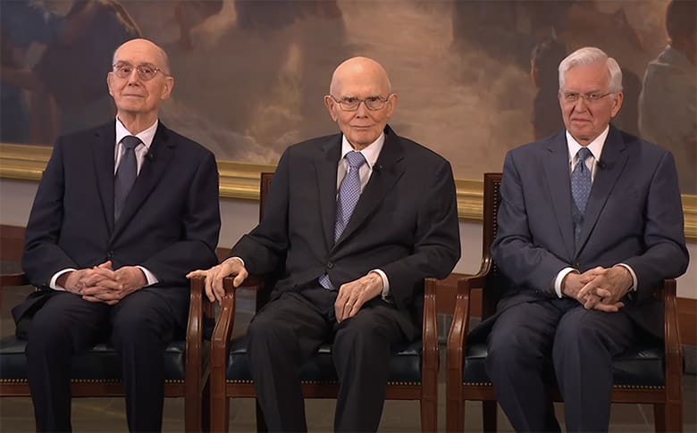 Newly organized First Presidency of the Church of Jesus Christ of Latter-day Saints with President Dallin H. Oaks seated at center as prophet, alongside Henry B. Eyring and D. Todd Christofferson following the leadership transition.