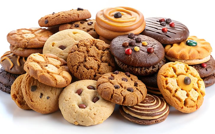 A pile of colorful cookies representing high-carb snacks that hinder metabolism and make weight loss harder compared to HLTH Code Complete Meal nutrition.