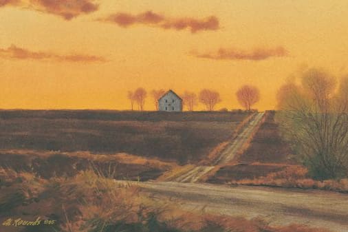 Far West Missouri prairie at sunset with a lone house and dirt road, representing the Apostles’ sacrifice to fulfill Joseph Smith’s command.