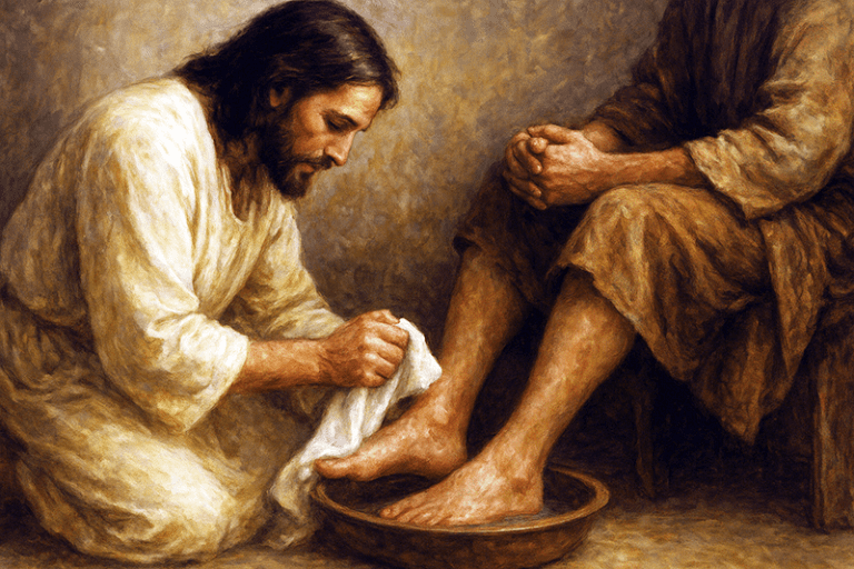 Jesus washing the feet of a disciple, symbolizing Christlike service, humility, and ministering as the Savior does.