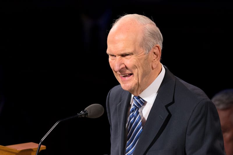 President Russell M. Nelson speaking at General Conference about temples, covenants, and the gathering of Israel.