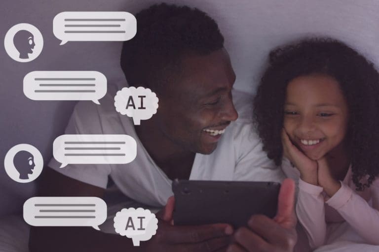 Father and daughter using a tablet representing AI ethics and the need for responsible artificial intelligence to protect children.