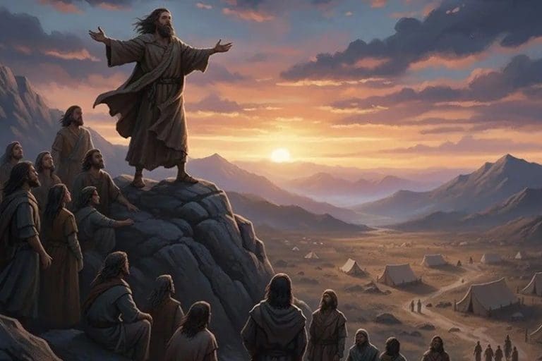 Enoch the Wild Man preaching in the Book of Moses with sunrise over the mountains, symbolizing divine revelation and ancient Enoch traditions.