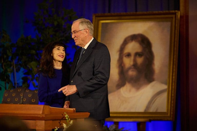Elder Neil L. Andersen and Sister Kathy Andersen speak at the Worldwide Devotional for Young Adults from the Washington D.C. Temple.