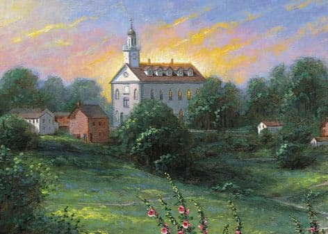 Painting of the Kirtland Temple at sunset representing the 1836 dedication and the restoration of priesthood keys to Joseph Smith.