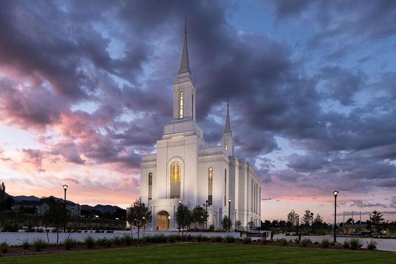 Lindon Utah Temple at sunset before its 2026 open house and dedication announced by the First Presidency.