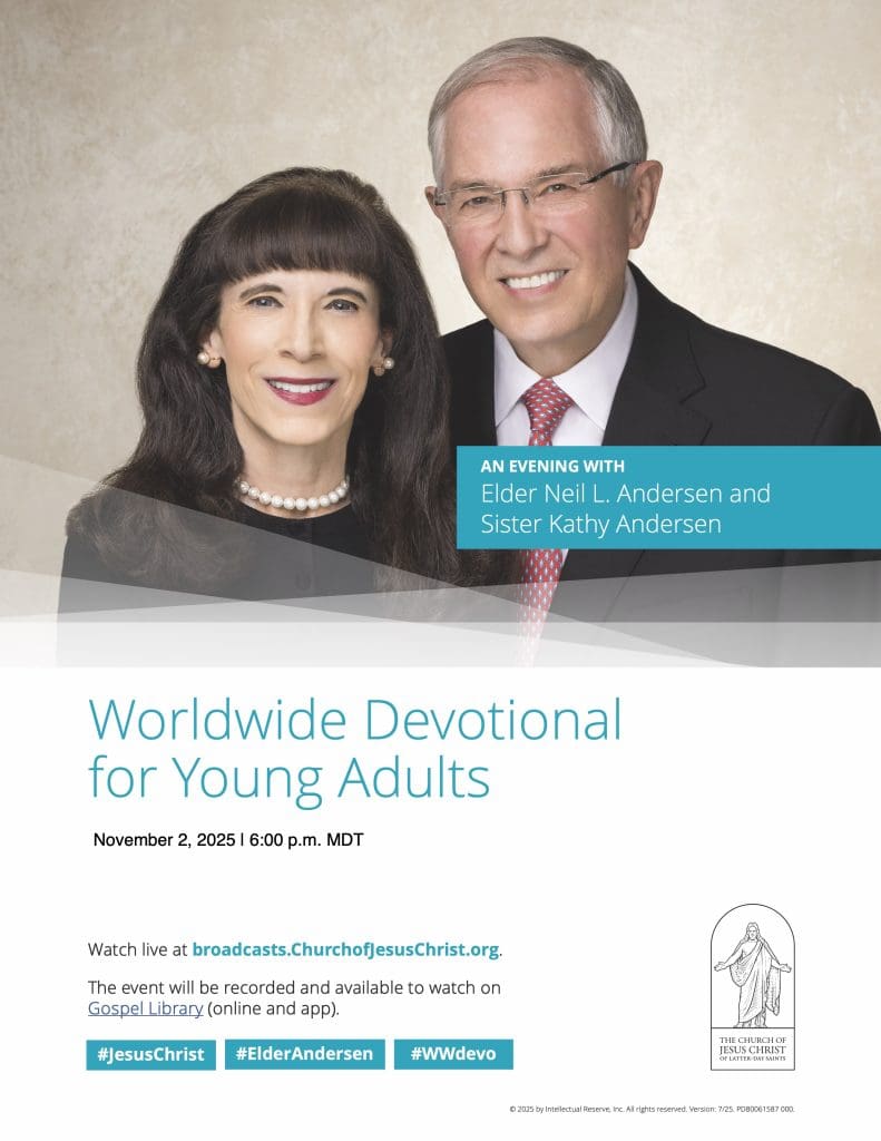 Promotional poster for the Worldwide Devotional for Young Adults featuring Elder Neil L. Andersen and Sister Kathy Andersen of The Church of Jesus Christ of Latter-day Saints, speaking from the Washington D.C. Temple about how the Prophet and the temple point us to Jesus Christ.